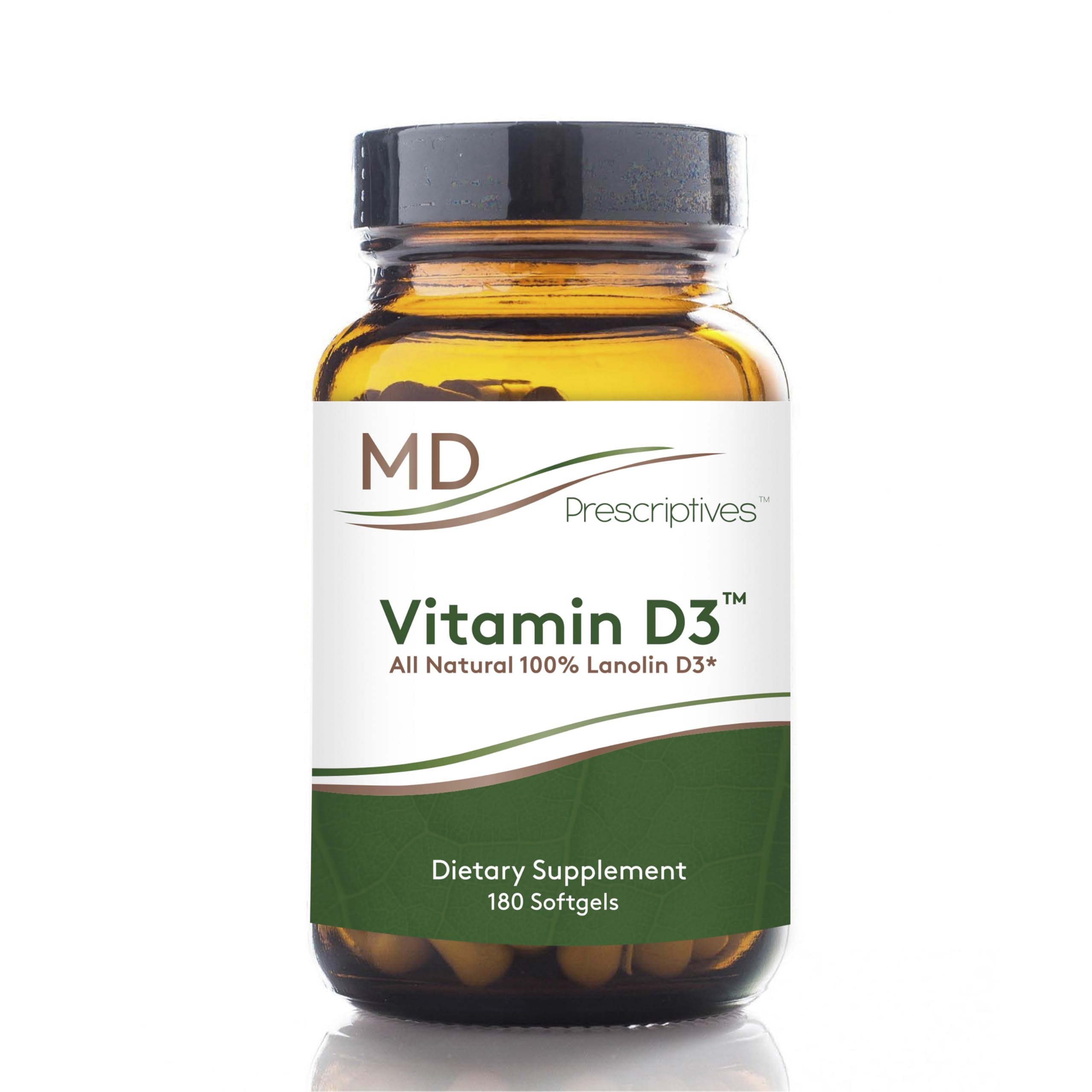 MD Prescriptives Vitamin D3 180 gelcaps in a bottle support daily bone and immune wellness.