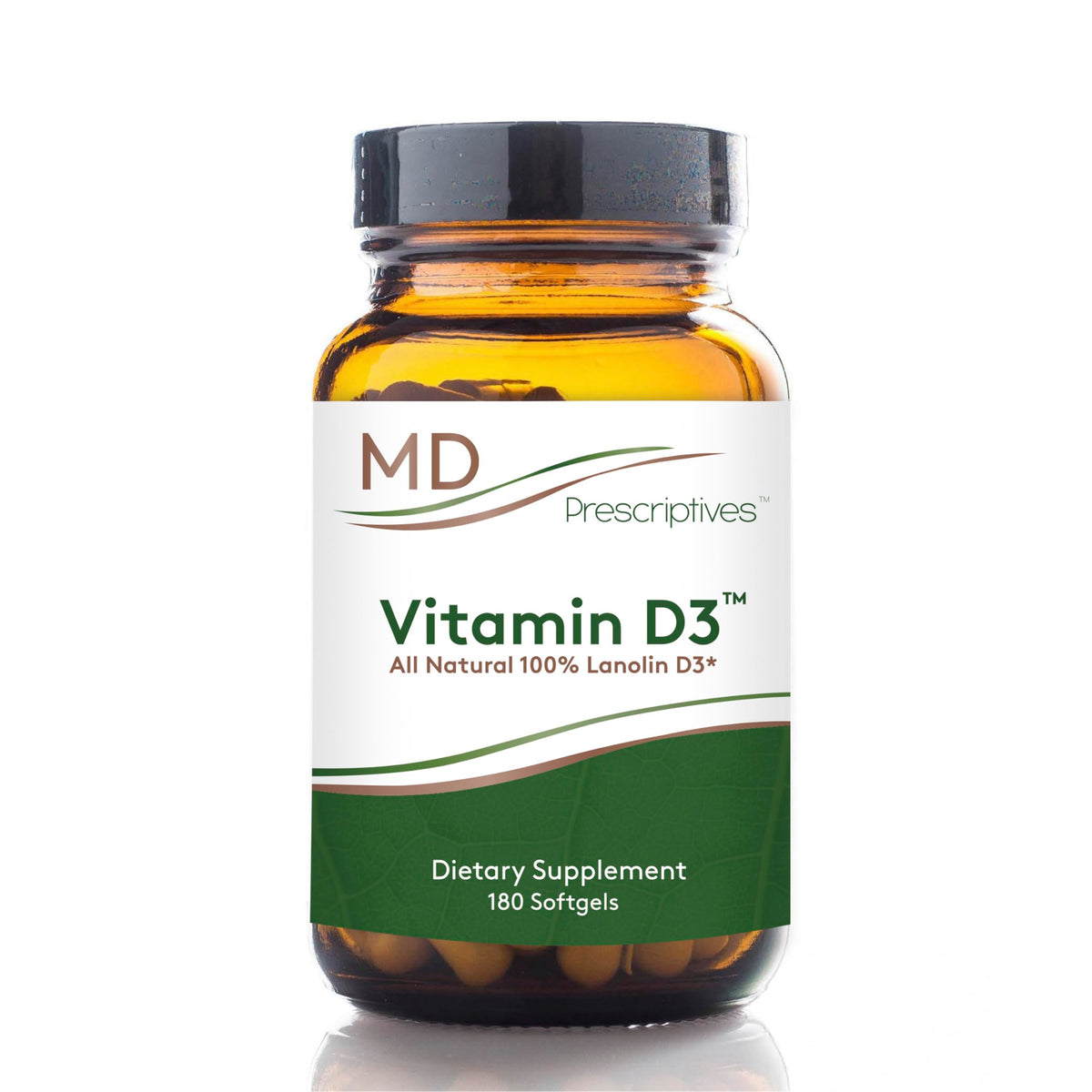 MD Prescriptives Vitamin D3 180 gelcaps in a bottle support daily bone and immune wellness.