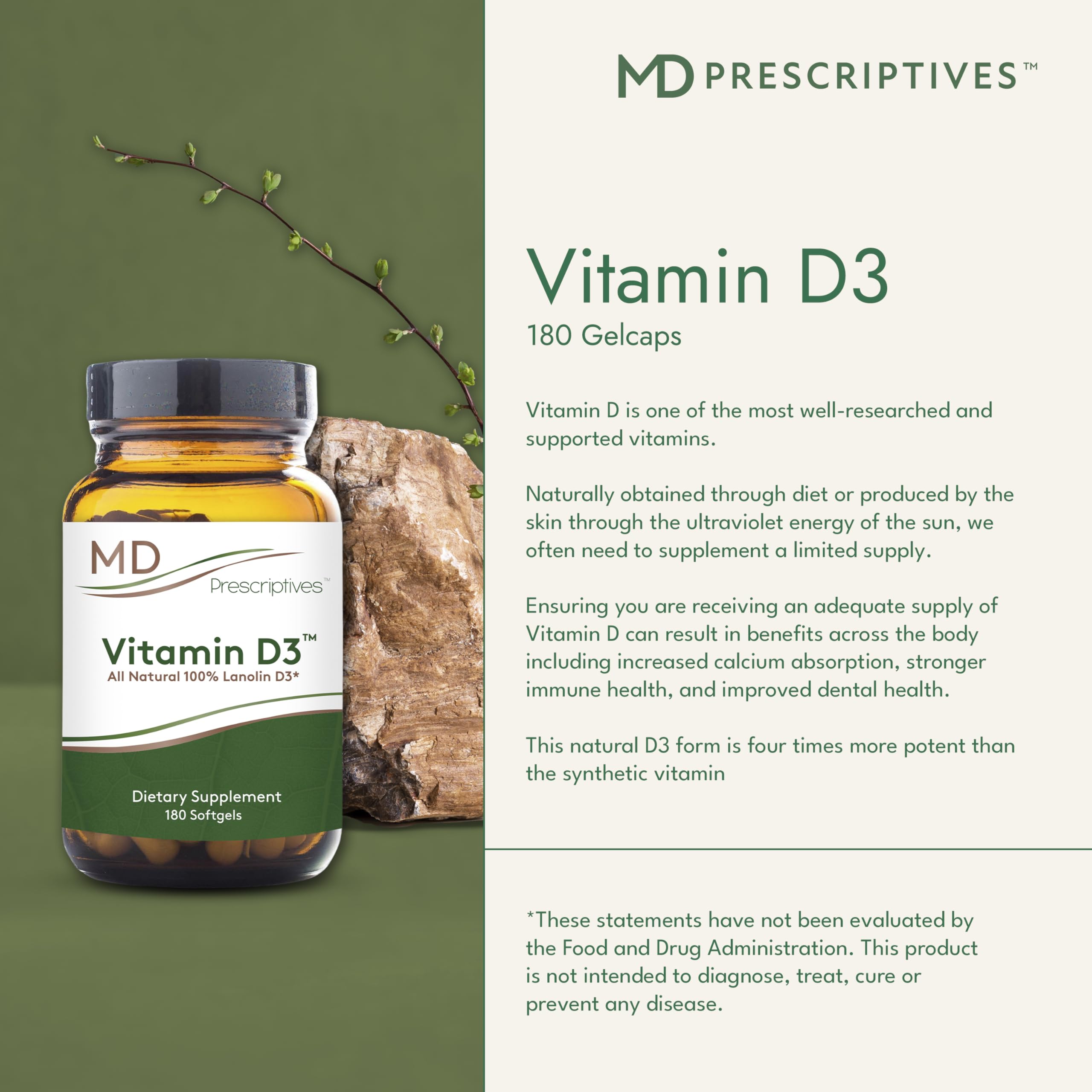 MD Prescriptives Vitamin D3 180 gelcaps capsules inside offer easy, smooth swallowing.
