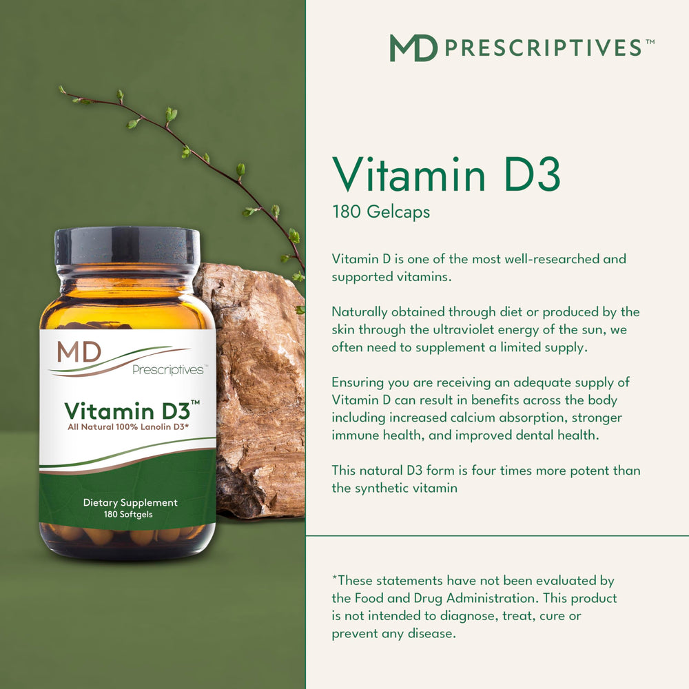 MD Prescriptives Vitamin D3 180 gelcaps capsules inside offer easy, smooth swallowing.