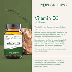 MD Prescriptives Vitamin D3 180 gelcaps capsules inside offer easy, smooth swallowing.