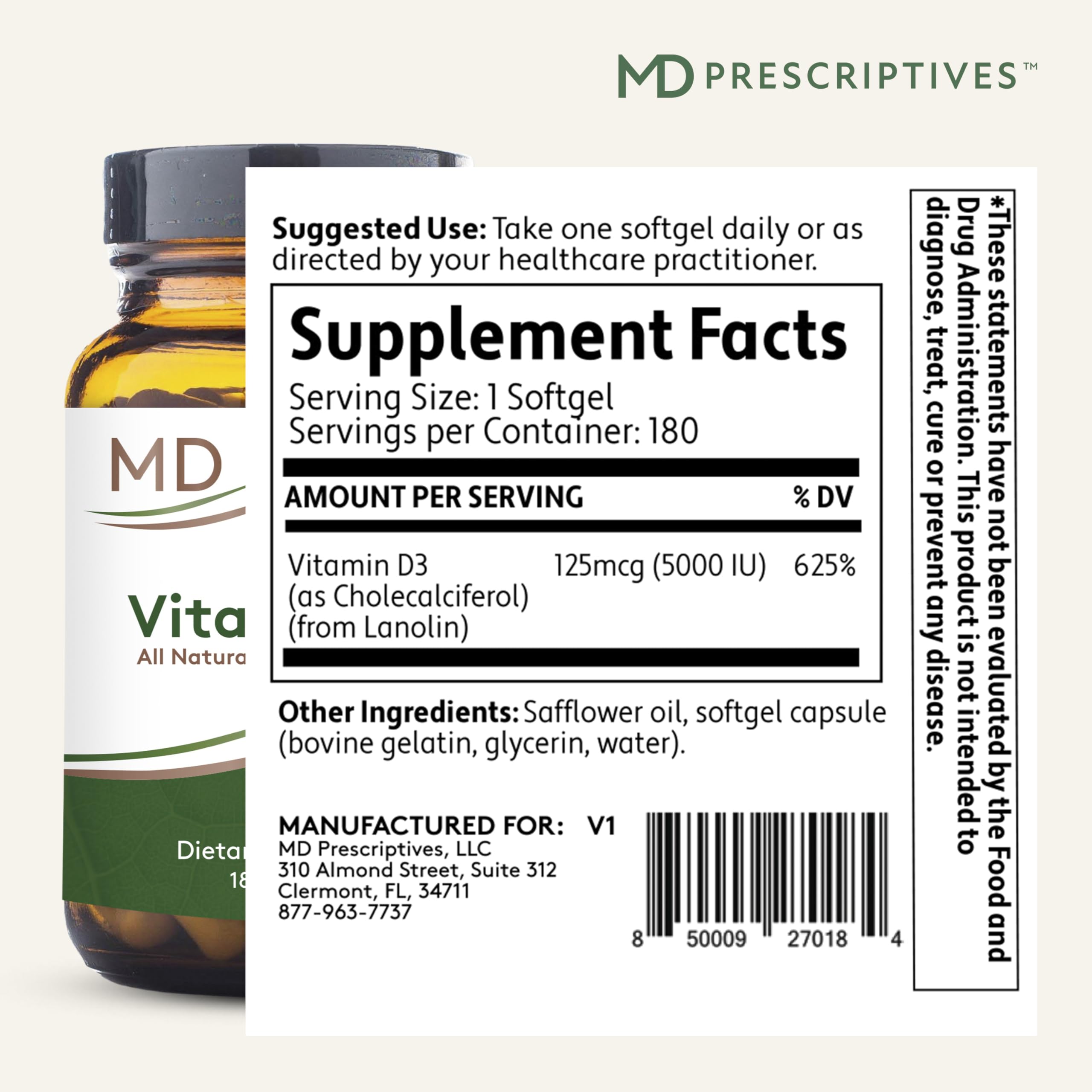 MD Prescriptives Vitamin D3 180 gelcaps open bottle for easy daily supplementation.