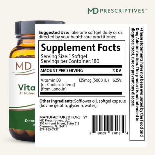 MD Prescriptives Vitamin D3 180 gelcaps open bottle for easy daily supplementation.