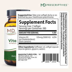 MD Prescriptives Vitamin D3 180 gelcaps open bottle for easy daily supplementation.