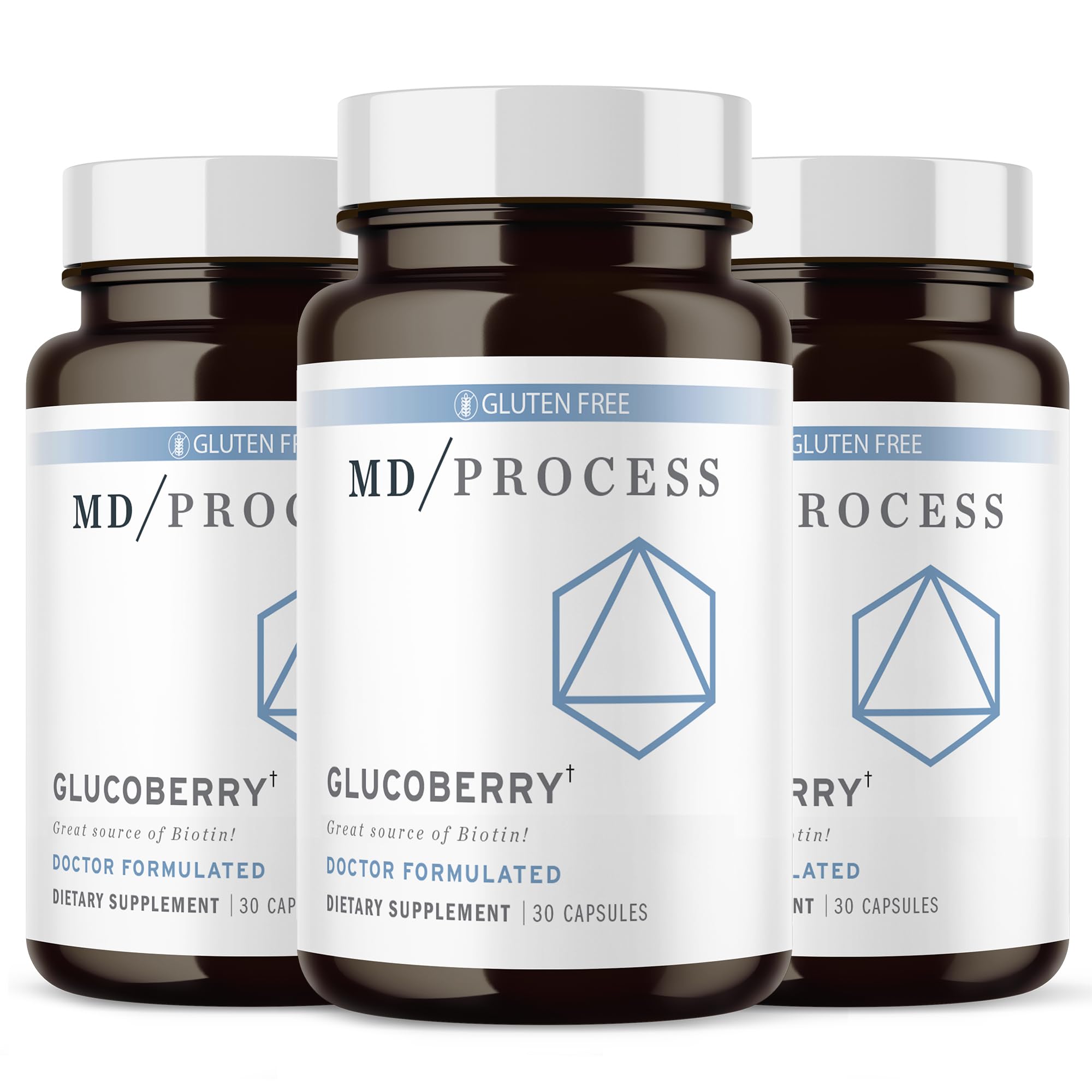 MD Process GlucoBerry bottle front shows antioxidant blend for daily wellness