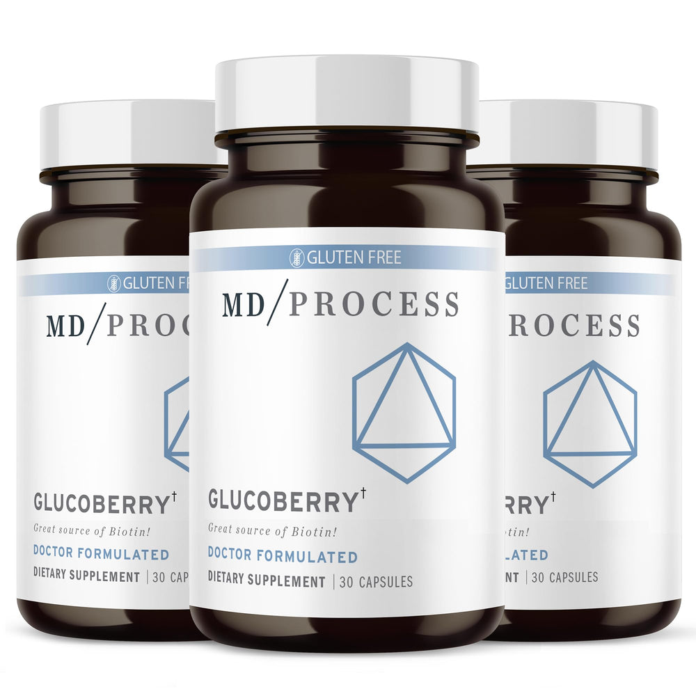 MD Process GlucoBerry bottle front shows antioxidant blend for daily wellness