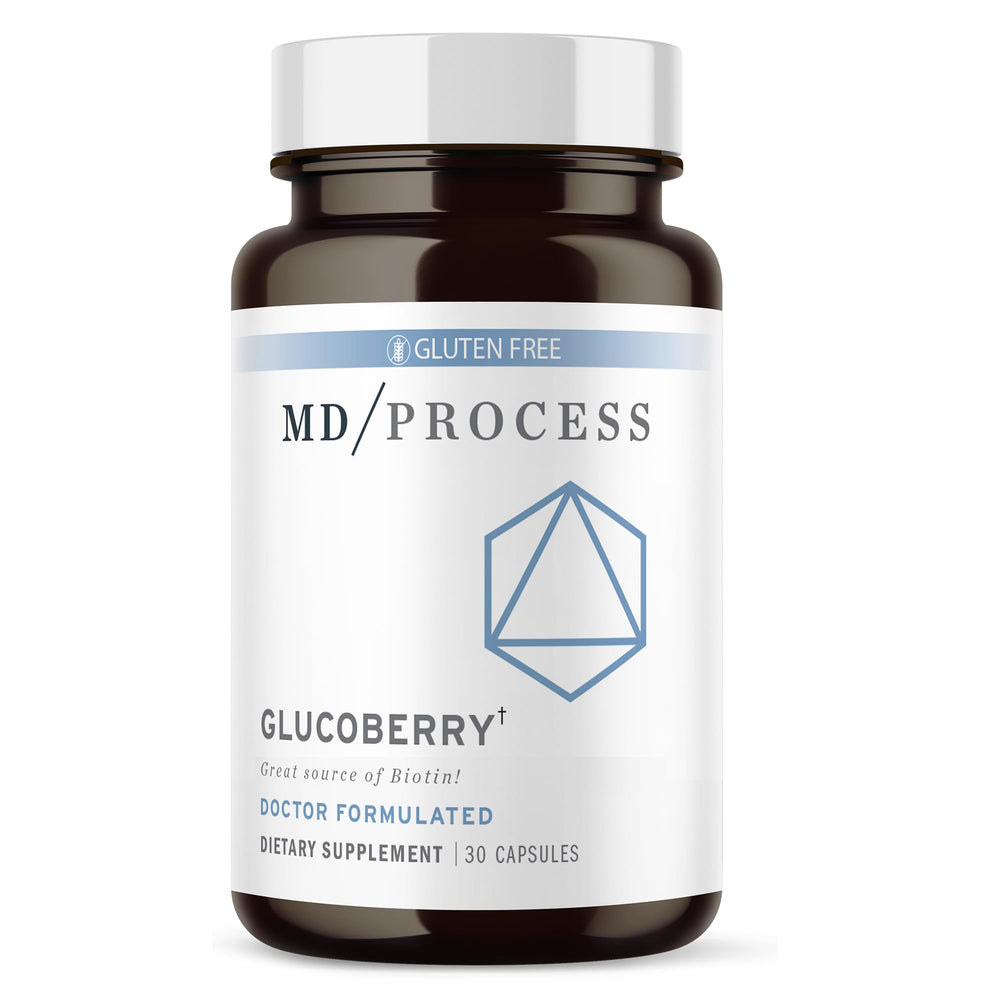 MD Process GlucoBerry bottle front showing 30 capsules for daily support.