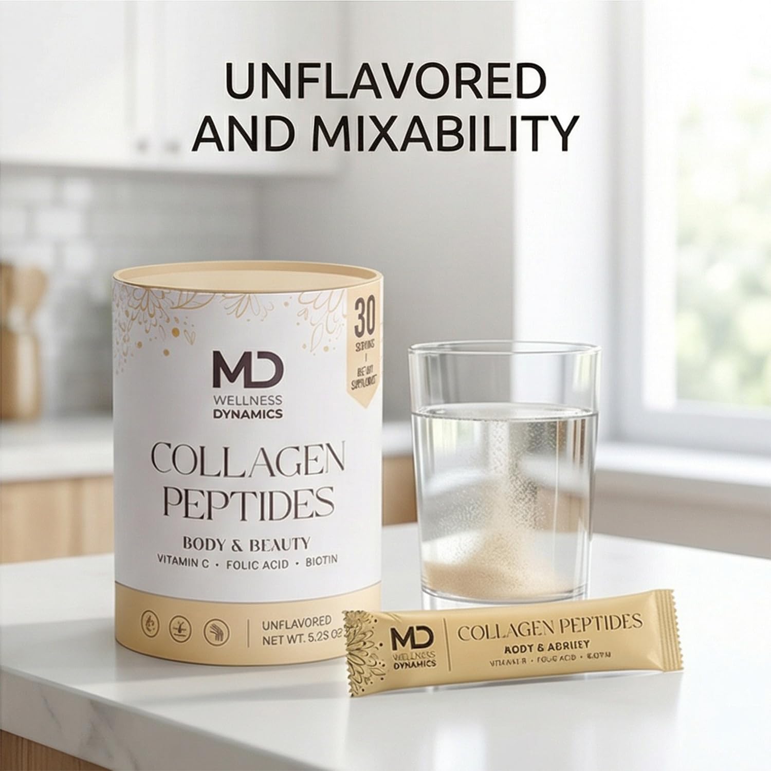 MD Wellness Dynamics unflavored collagen blends into drinks with no taste