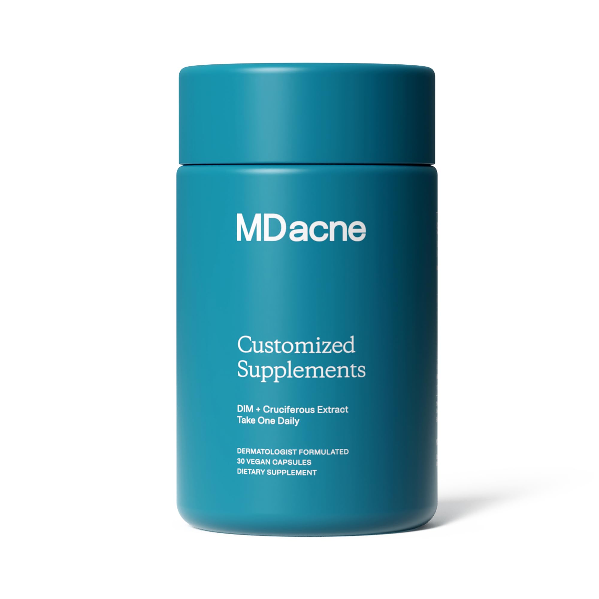 MDacne DIM skin clearing supplements bottle supports a simple, skin-clearing routine.