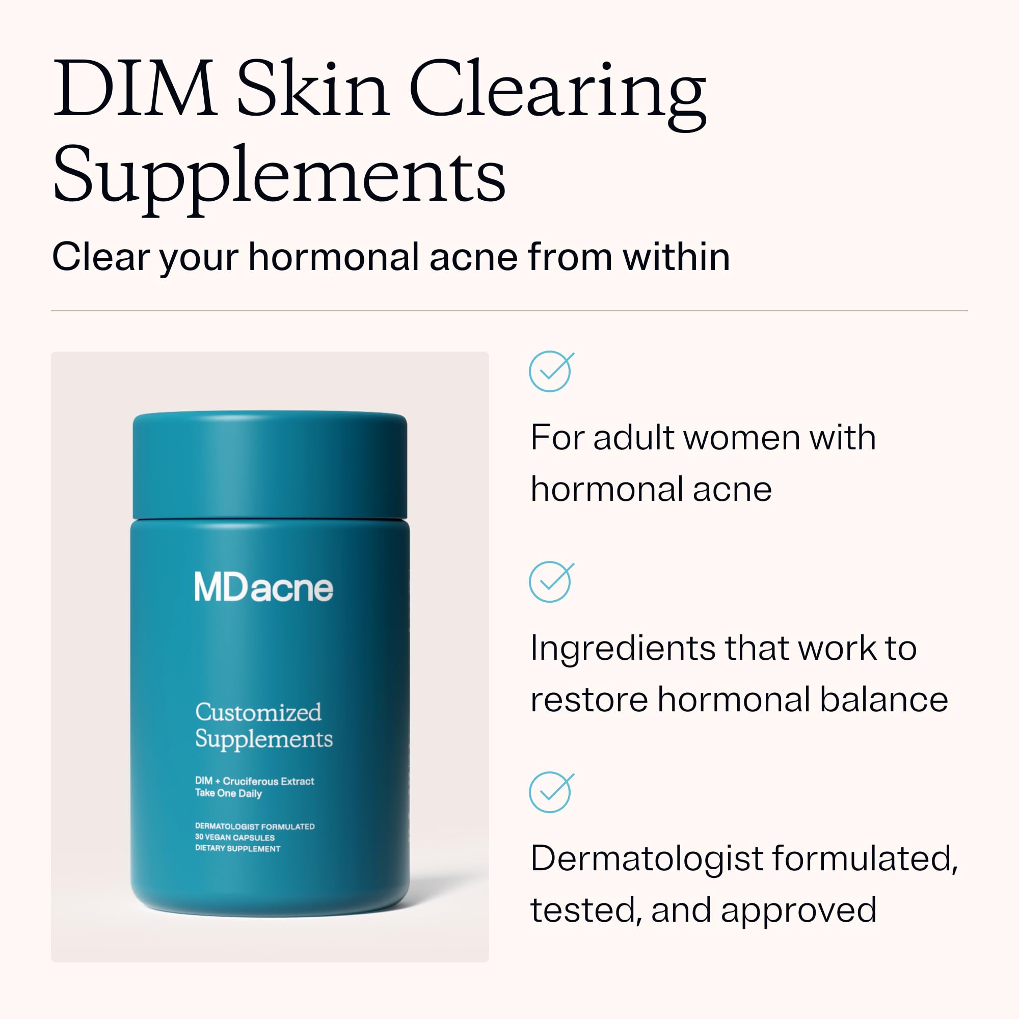 MDacne DIM vegan capsules closeup highlighting easy daily dosing.