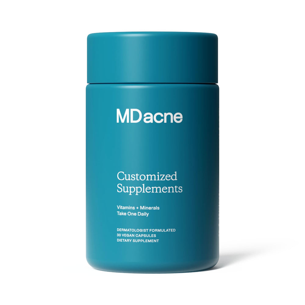 MDacne skin clearing vitamins bottle promotes a calm, clear complexion.