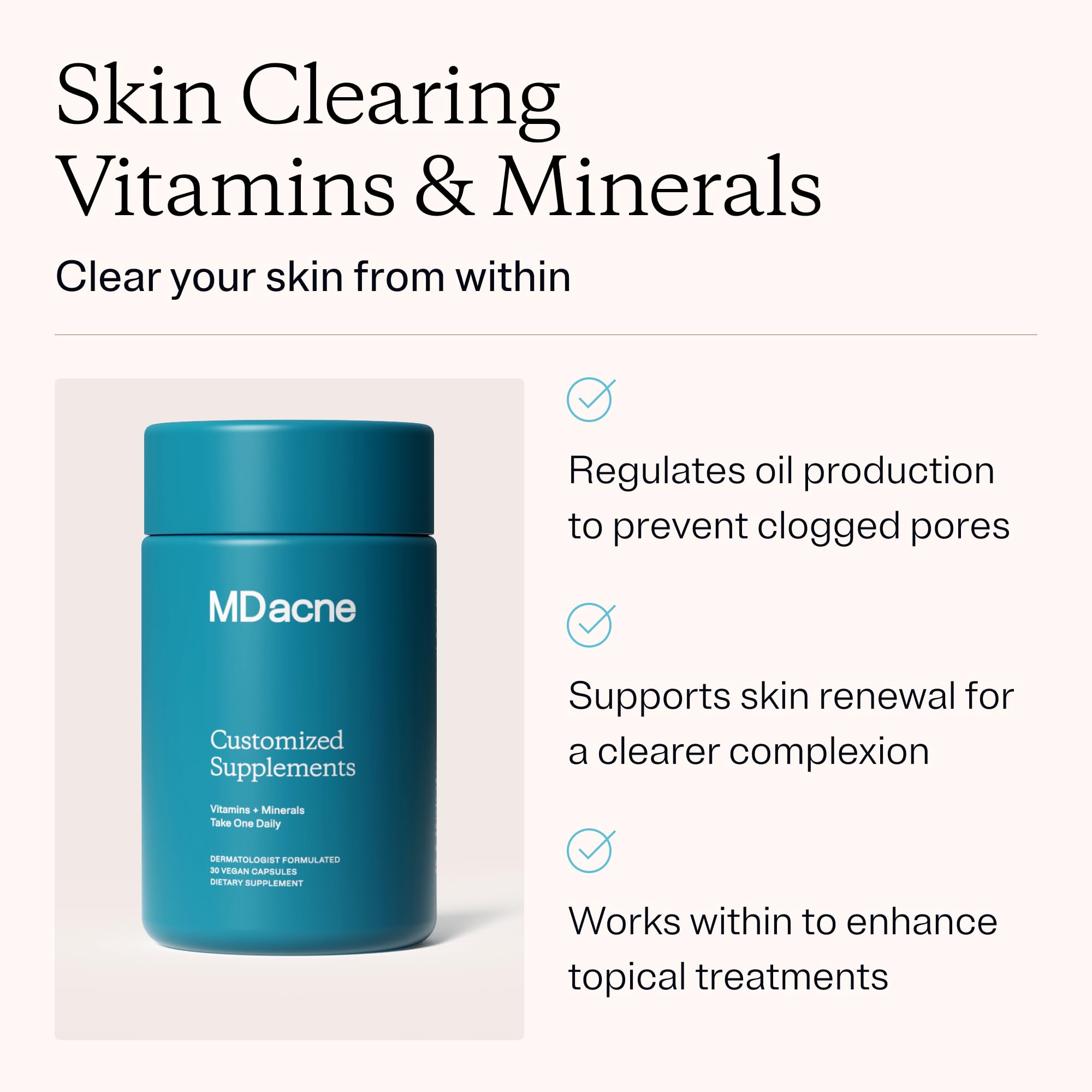 Closeup of MDacne capsules highlighting vegan, skin-supporting nutrients.