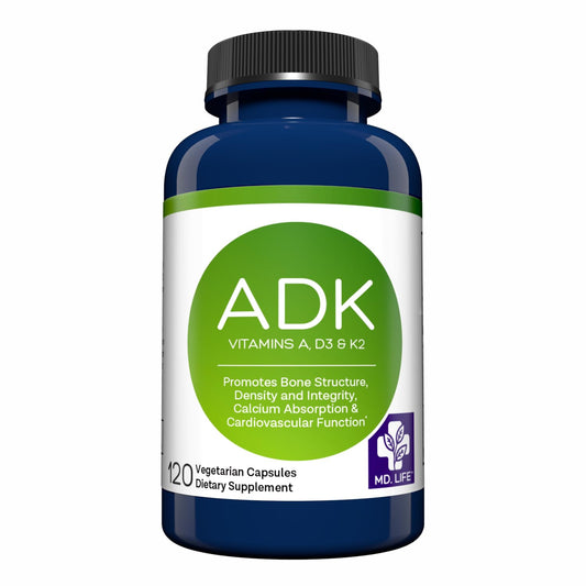 MD.LIFE ADK bottle front with vegan capsules for daily bone and heart health support