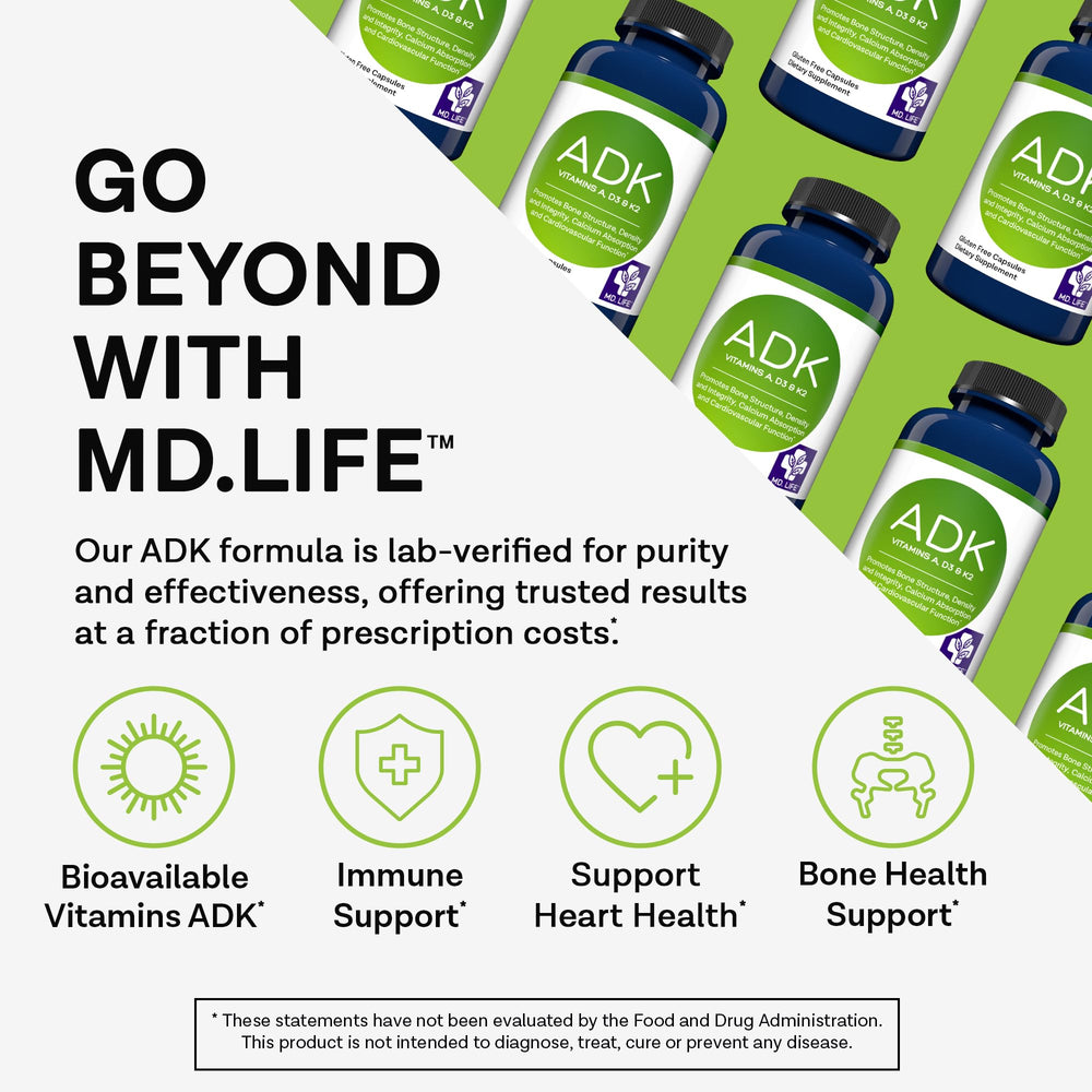 MD.LIFE ADK bottle label close-up highlighting D3, K2, and A complex