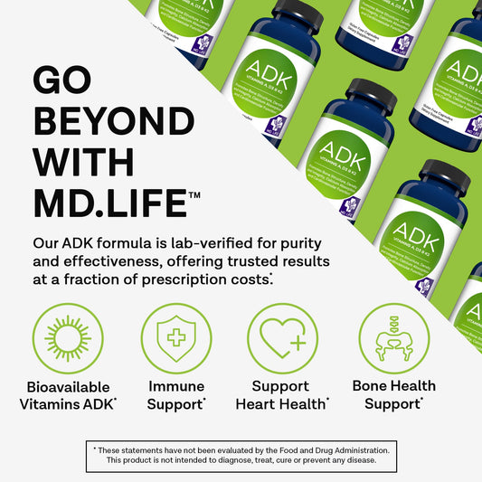 MD.LIFE ADK bottle label close-up highlighting D3, K2, and A complex
