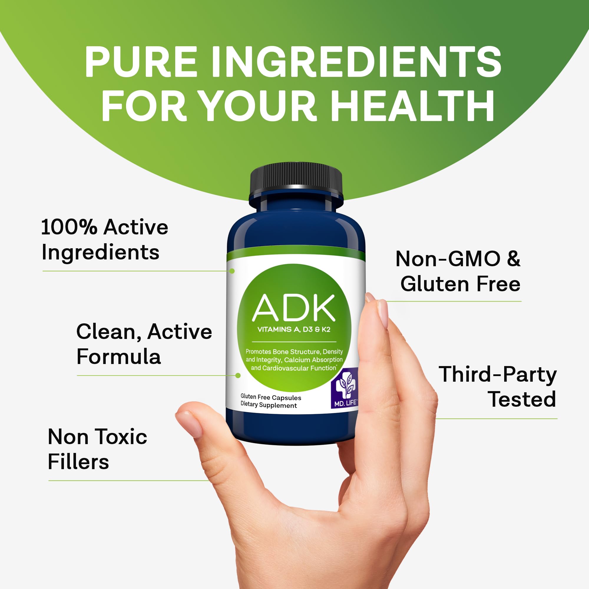 MD.LIFE ADK bottle beside glass and capsules in a healthy setup