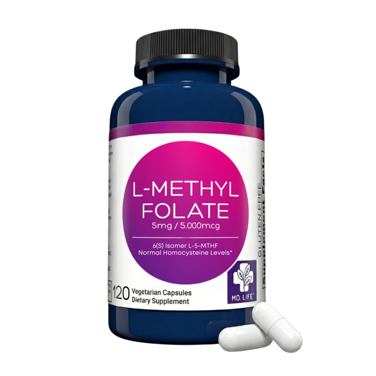 MD.LIFE L-Methylfolate 5mg capsule front view highlighting vegan, clean ingredients.