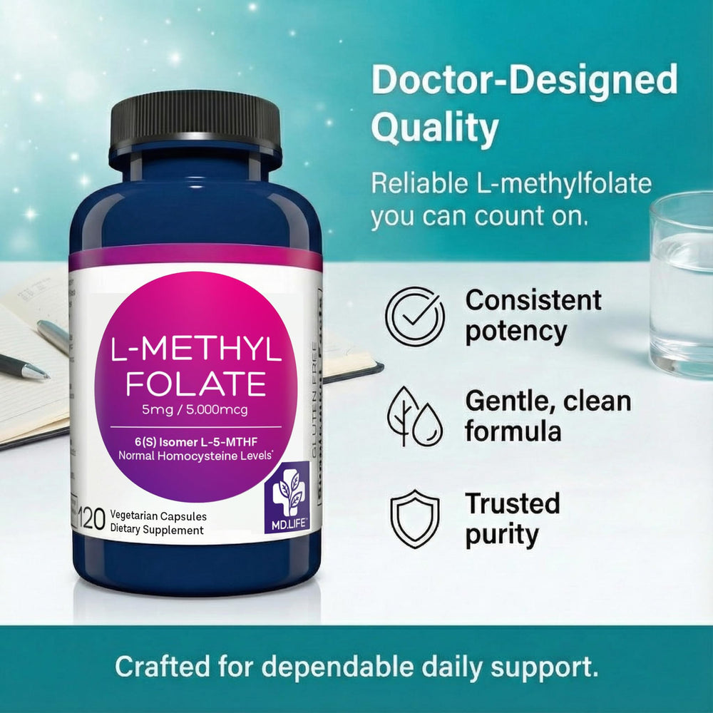Pouring MD.LIFE L-Methylfolate 5mg capsules for daily use.