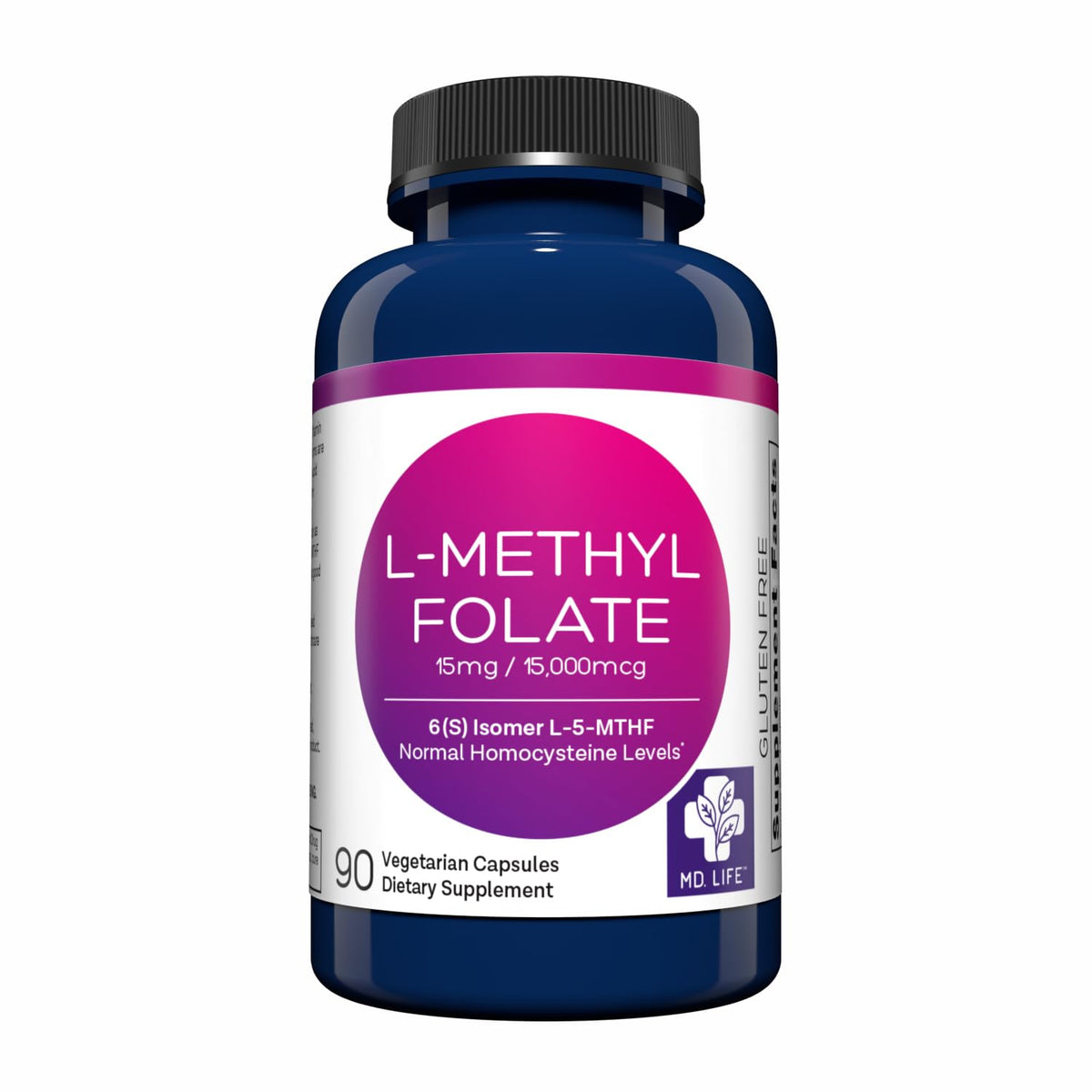 MD.LIFE L-Methylfolate 15 mg bottle for easy daily supplementation and consistent potency.
