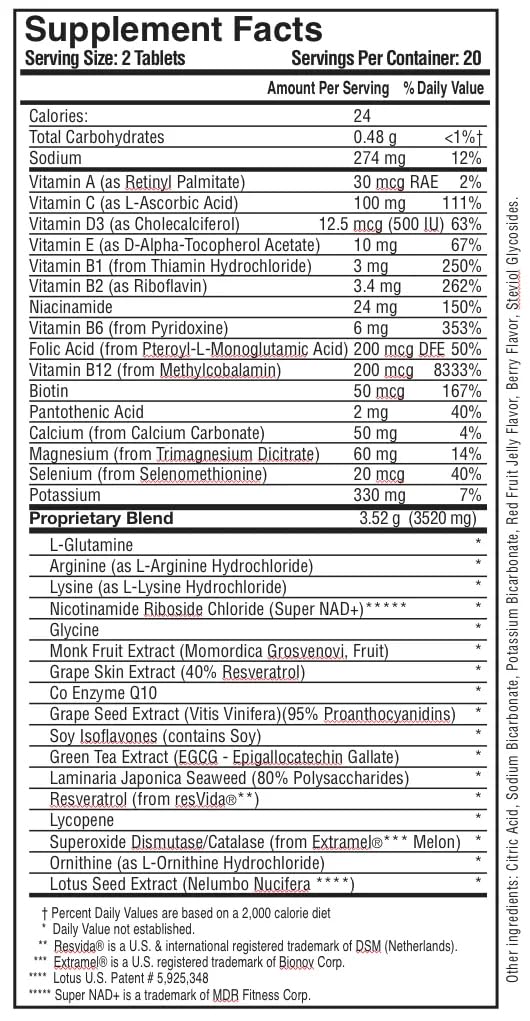 MDR VitalFactors tablet close-up highlighting NAD⁺ and SOD ingredients for cellular energy
