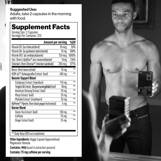 Mdrive Boost and Burn bottle back label with supplement facts and key ingredients.