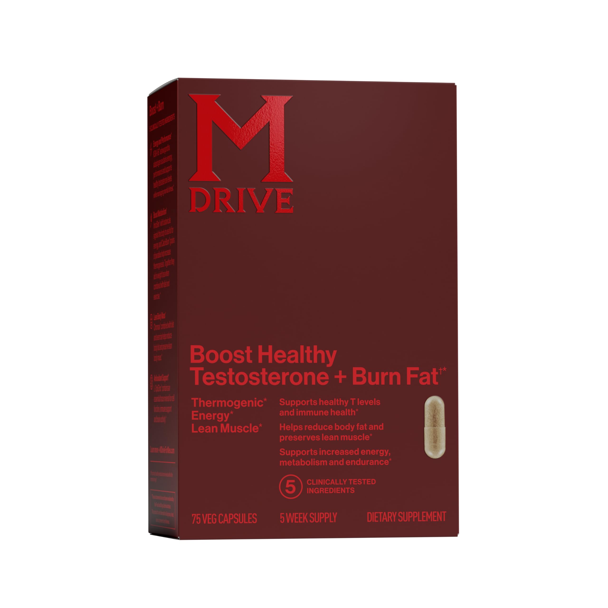 Mdrive Boost and Burn bottle front view shows daily testosterone support and fat-burning potential.