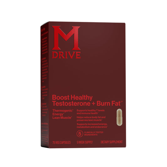 Mdrive Boost and Burn bottle front view shows daily testosterone support and fat-burning potential.