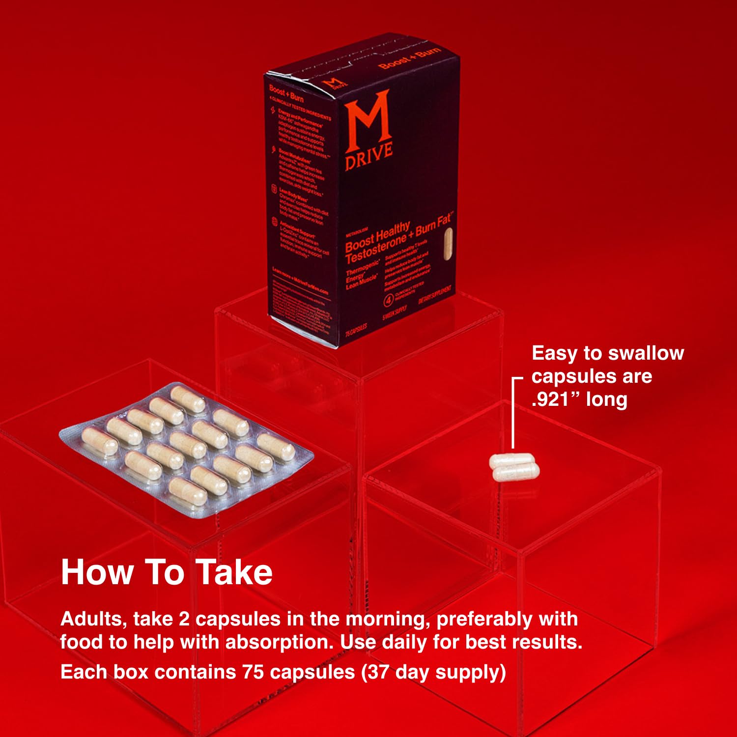 Mdrive Boost and Burn capsules with measuring spoon illustrating daily dose.