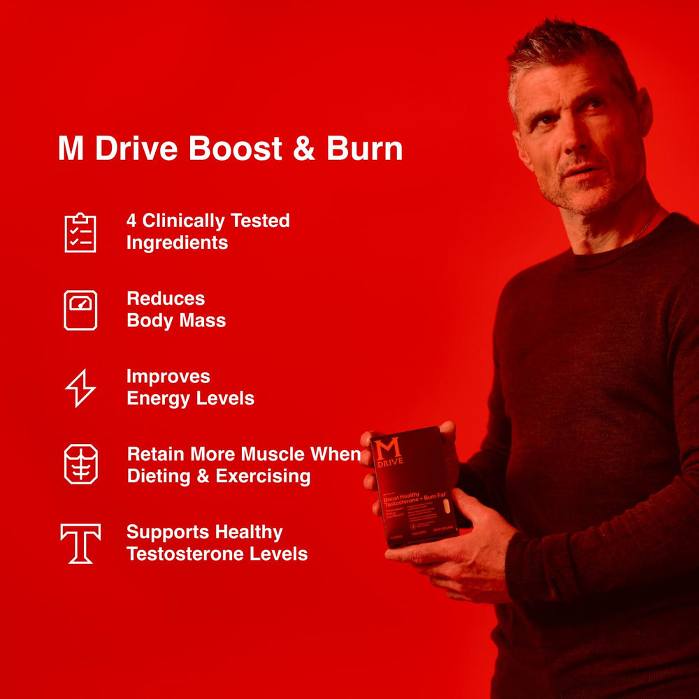Mdrive Boost and Burn ingredients visual emphasizing KSM-66 Ashwagandha and zinc.