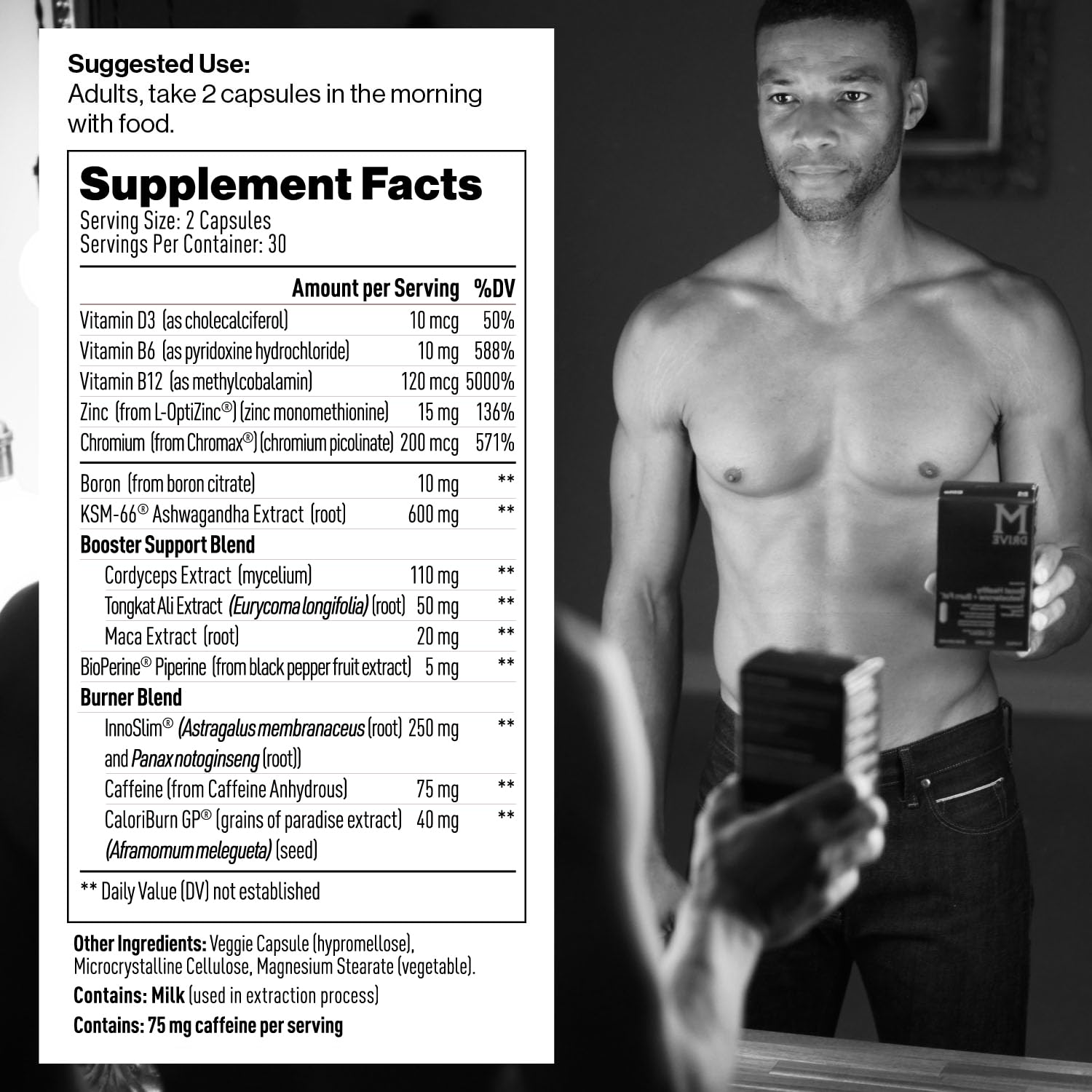 Mdrive Boost and Burn label detail, gluten-free and non-GMO claim