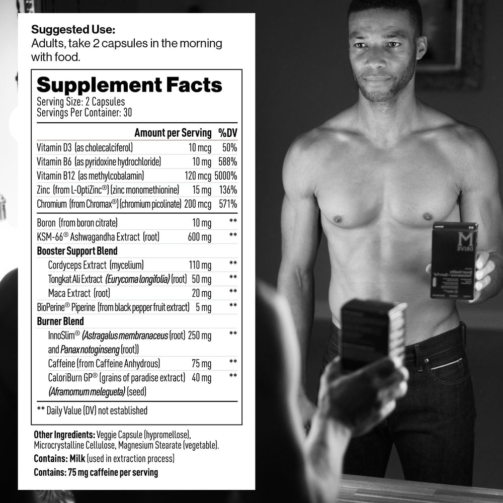 Mdrive Boost and Burn label detail, gluten-free and non-GMO claim