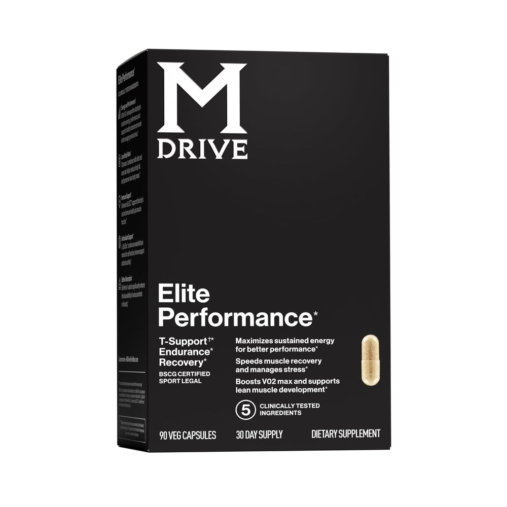 Mdrive Elite bottle pour illustrates daily energy support from a premium men's supplement