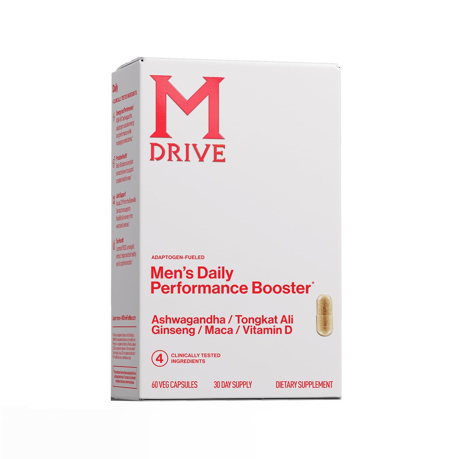 Mdrive Men's Daily Performance capsules on bottle delivering steady energy for workouts