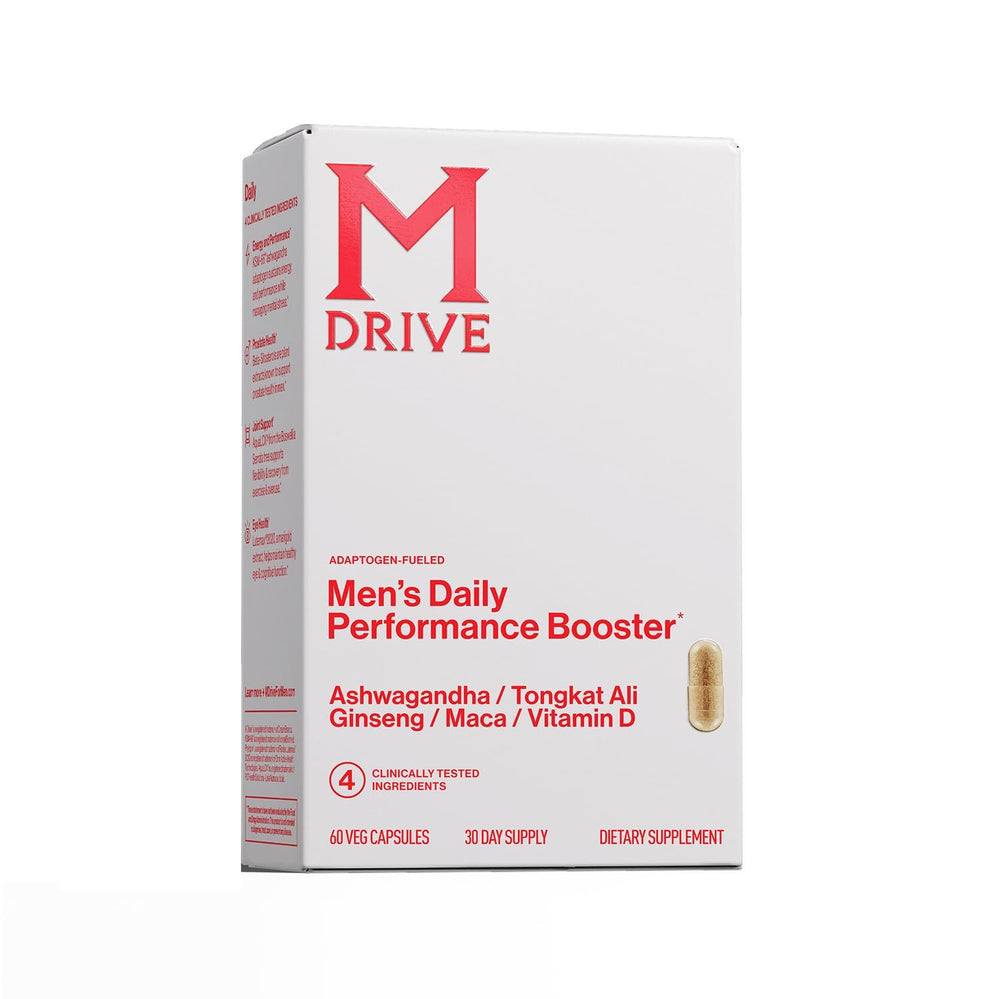 Mdrive Men's Daily Performance capsules on bottle delivering steady energy for workouts