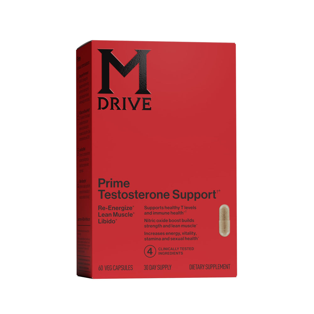 Mdrive Prime bottle front shows premium packaging for energy and focus.