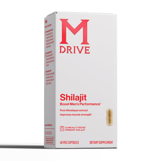 MDrive Shilajit capsules bottle front promoting daily energy and vitality.