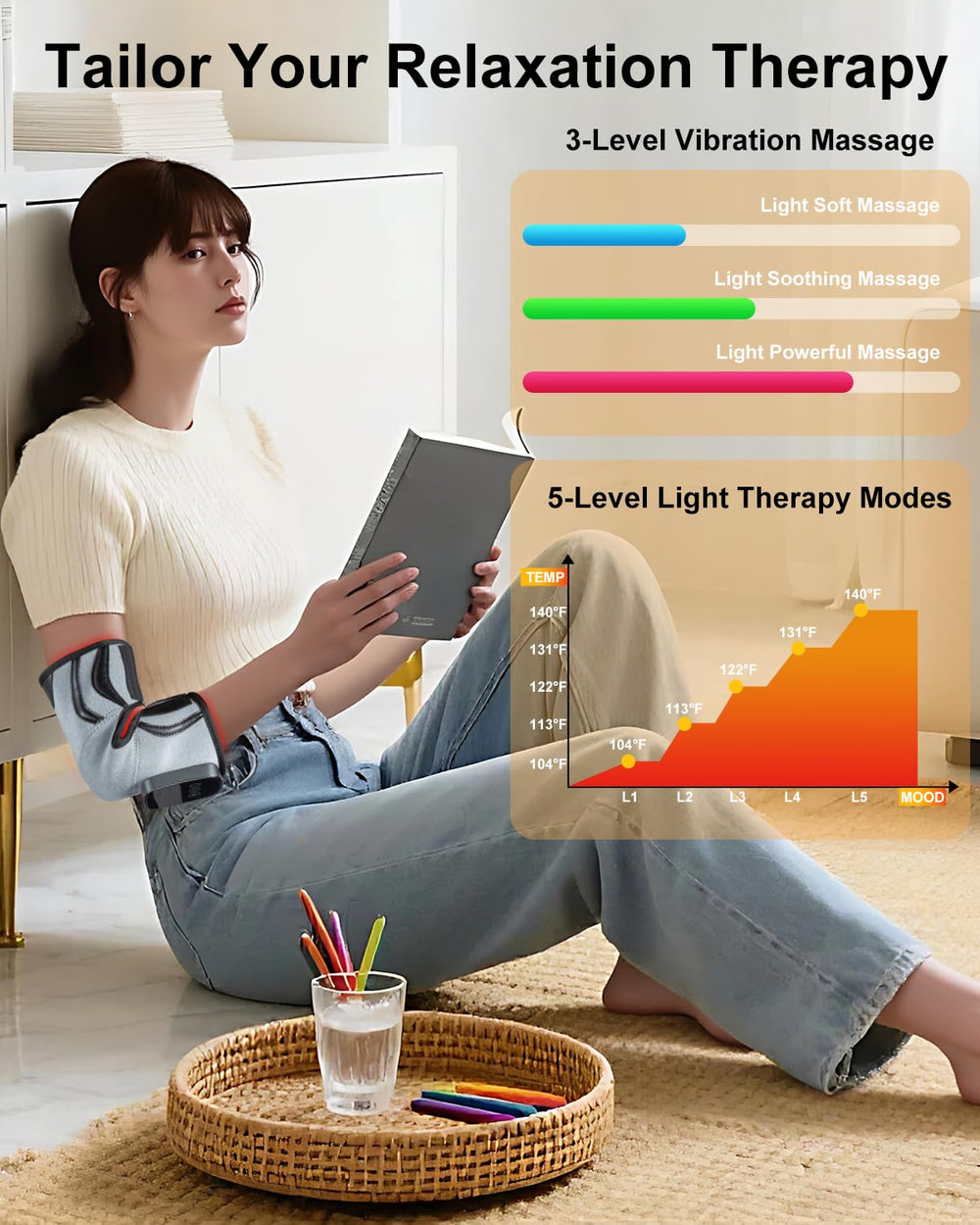 MDSTREE rechargeable knee massager shown with USB charging for cordless use