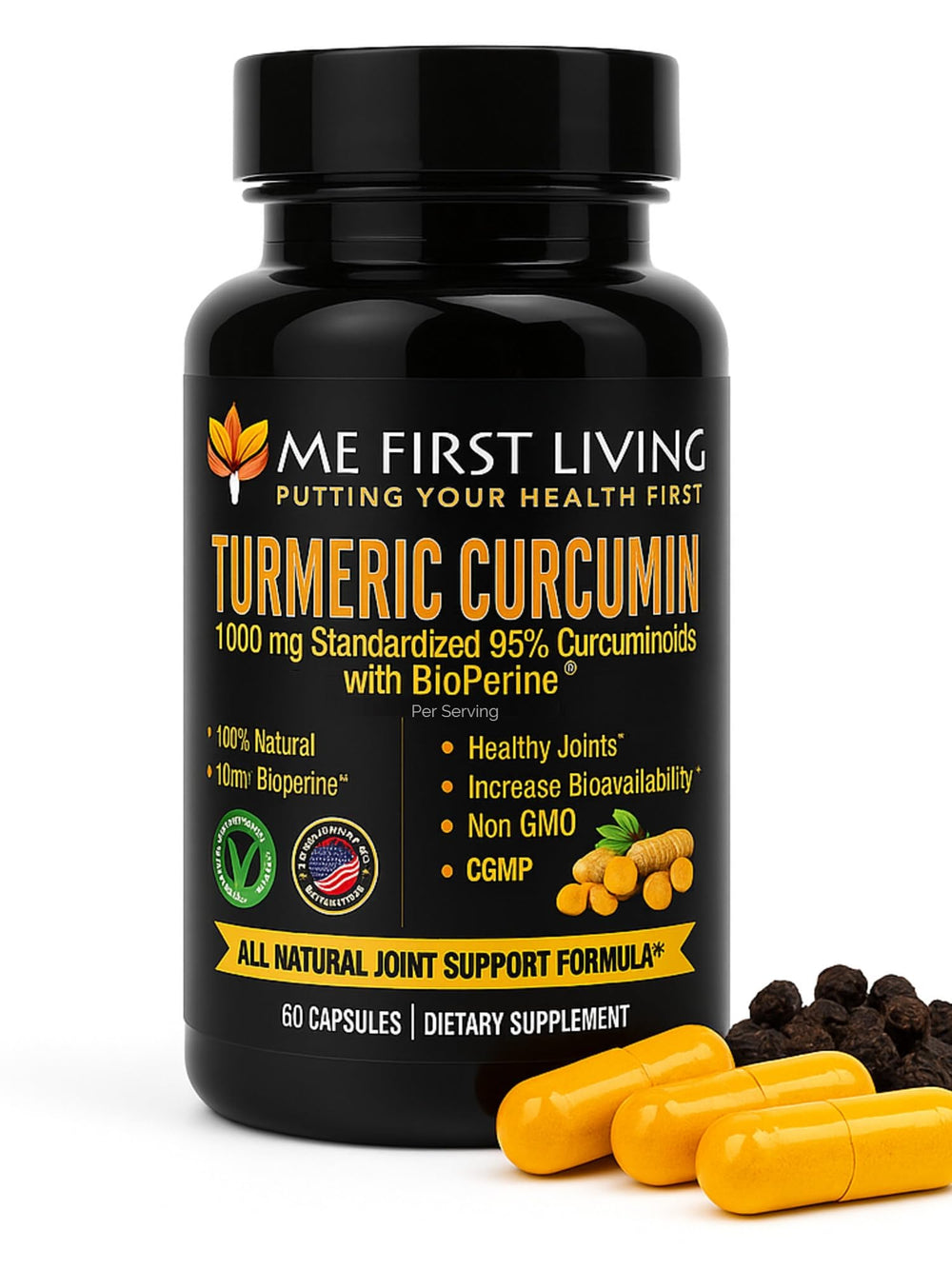Me First Living Turmeric bottle closeup for high-potency daily wellness.