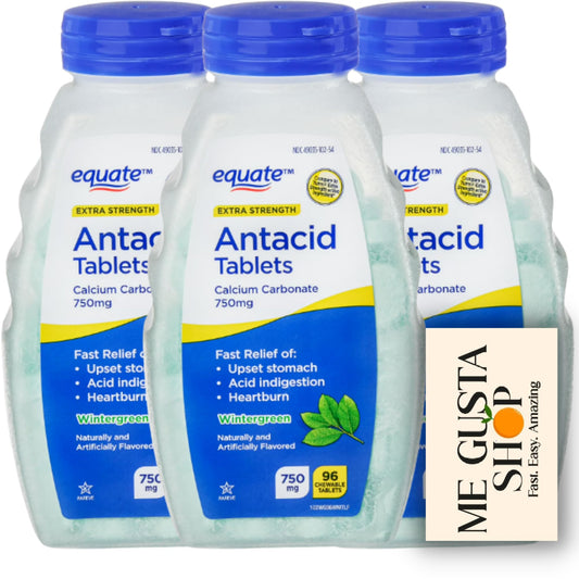 Equate wintergreen 750 mg antacid tablets pack shot for quick after-meal relief.