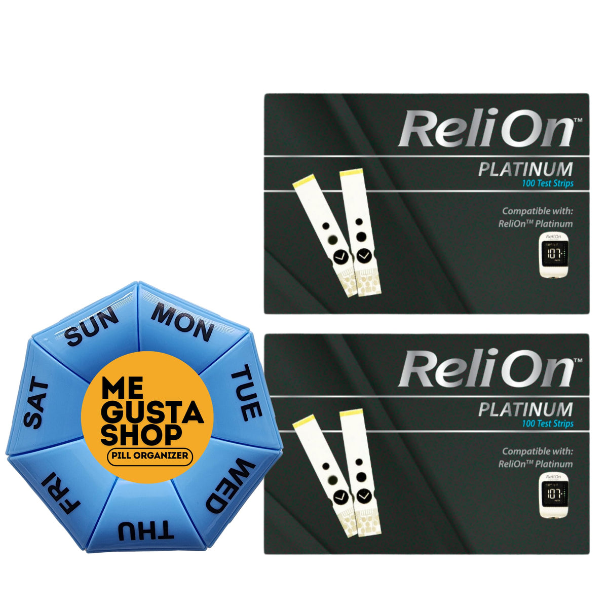 ME GUSTA SHOP ReliOn Platinum test strips box for home glucose testing.