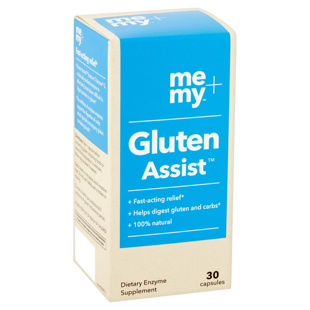 Me + My Gluten Assist bottle showing fast-acting gluten digestion support