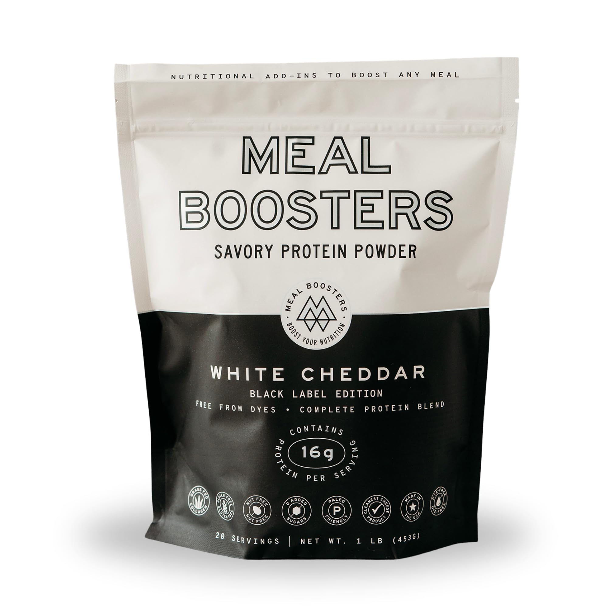 Meal Boosters Savory White Cheddar bottle—protein-packed flavor for quick meals.