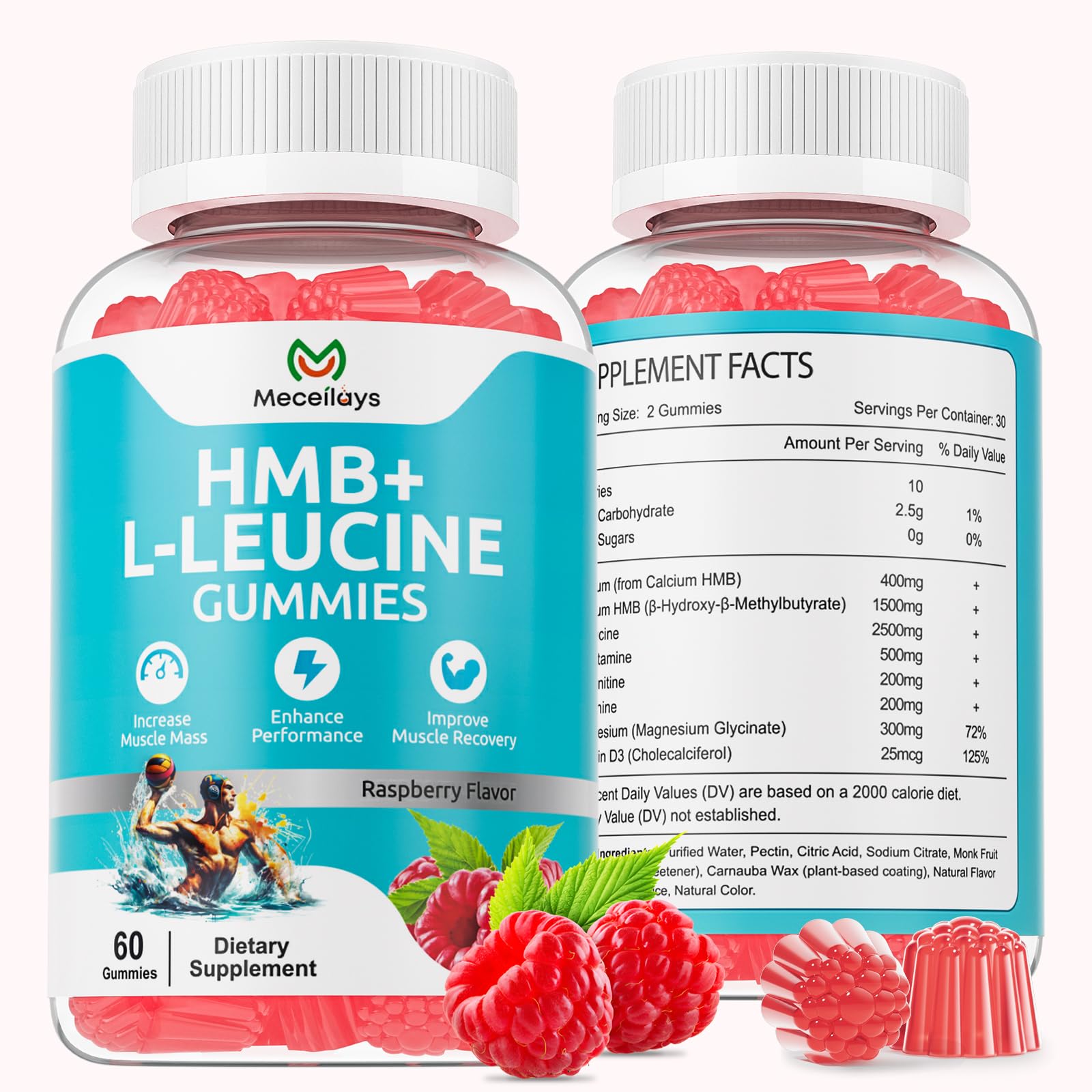Meceilays HMB and L-Leucine gummies bottle with raspberry flavor for workouts