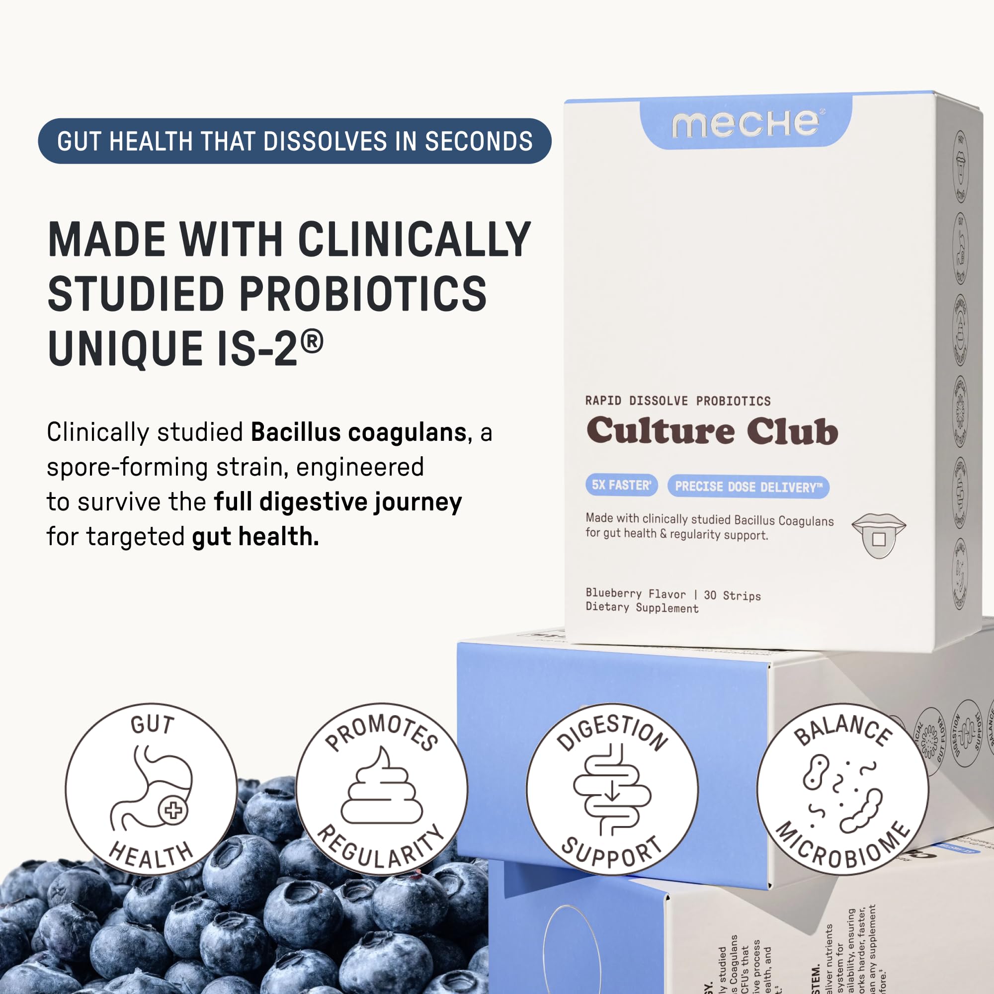 Meche Culture Club blueberry-flavored strip ready to dissolve for daily use