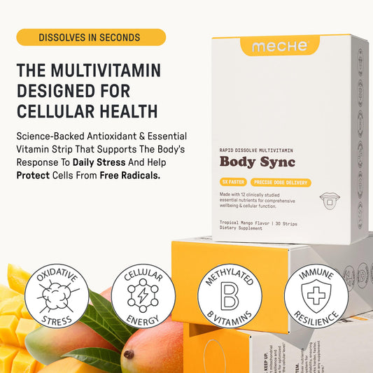 Meche multivitamin strip mango flavor offers a tasty, sugar-free daily boost.