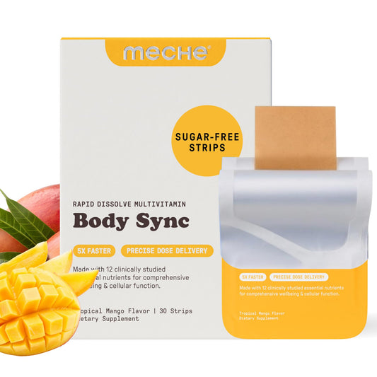 Meche multivitamin strip packaging highlights an easy-to-use, sugar-free daily supplement.