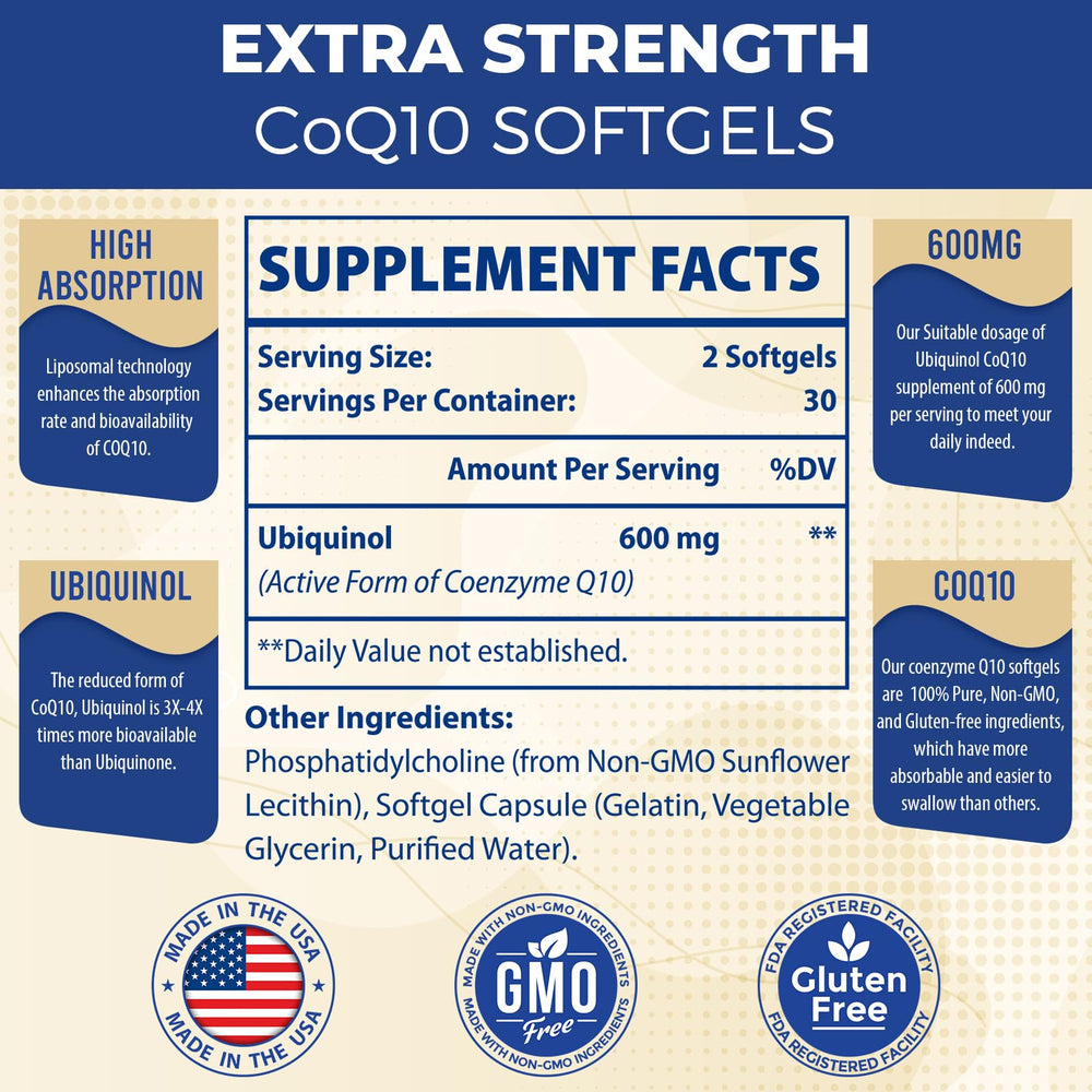 Mecinalis CoQ10 liposomal label with dosage and quality details.