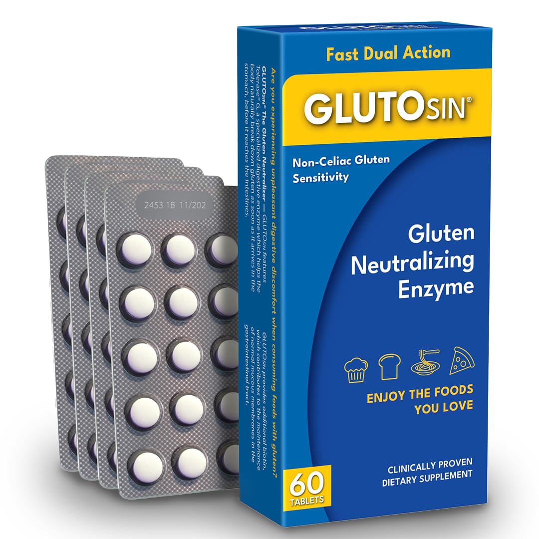 Medagel GLUTOsin bottle-front for quick before-meal use with gluten sensitivity.