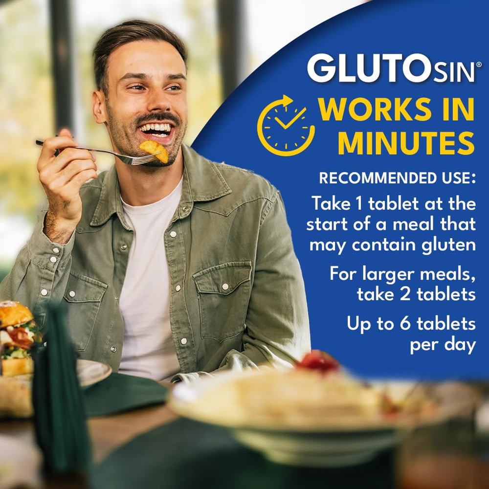 Medagel GLUTOsin mini-tablets close-up highlighting compact gluten-breaking action.