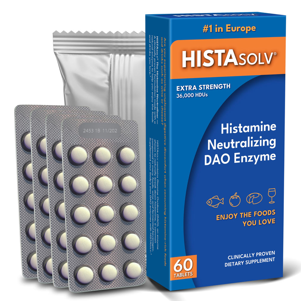 Medagel HISTAsolv bottle showing extra-strength DAO enzyme for meals and histamine support.